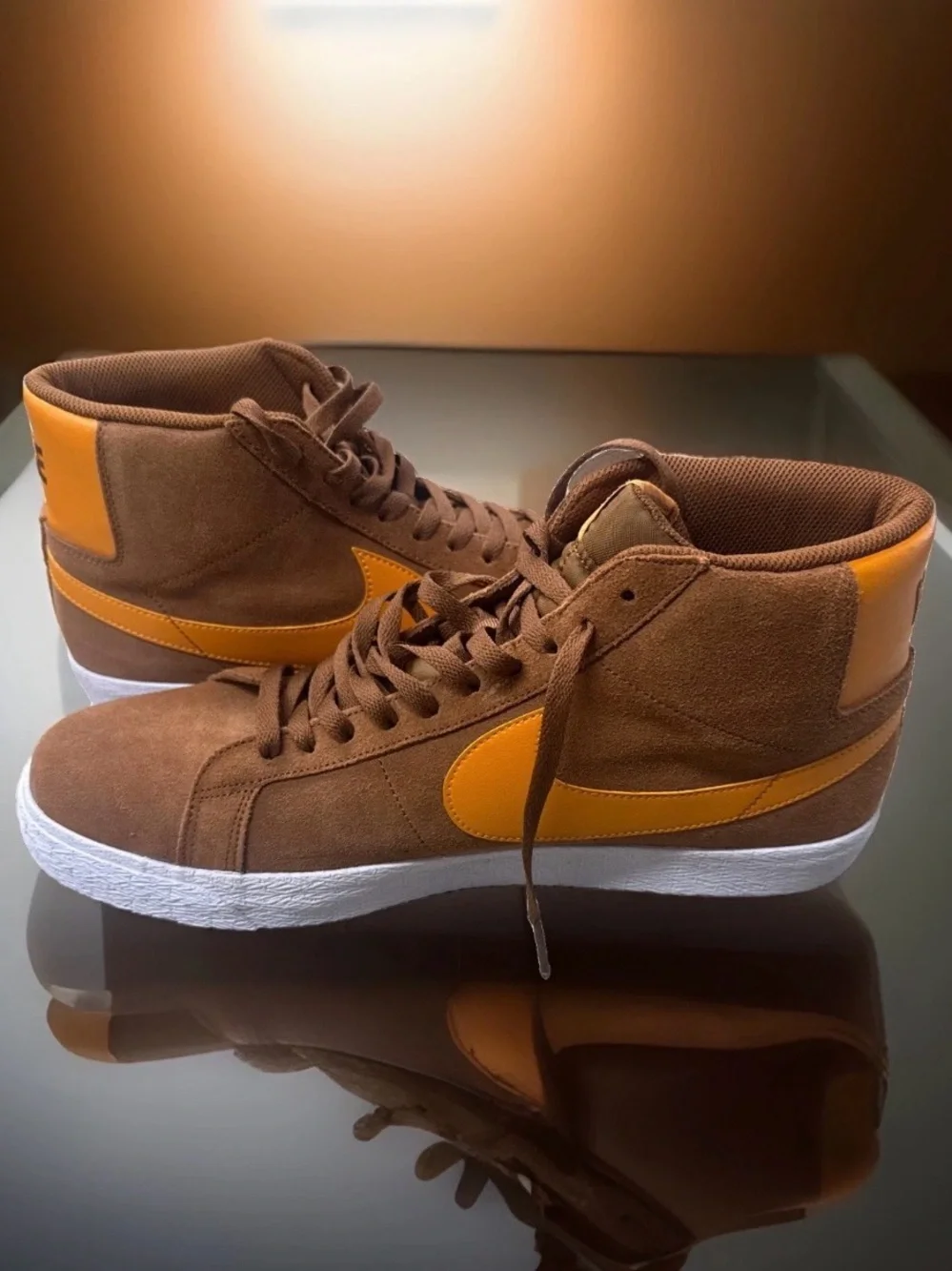 Nike Men’s Brown Suede High-Top Sneakers with Yellow-Orange Swoosh